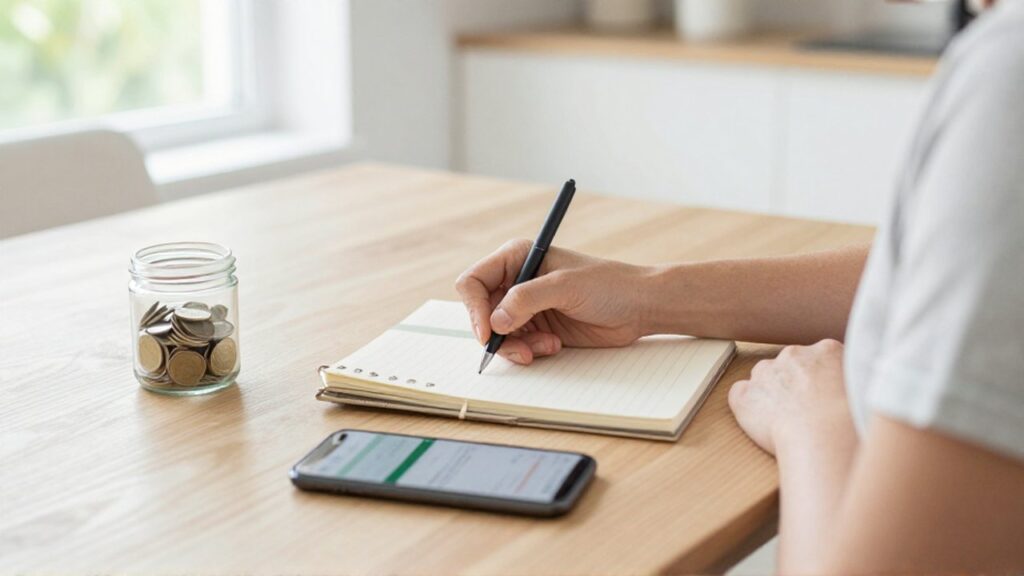 Persona anotando gastos en un cuaderno sobre una mesa de madera junto a un frasco con monedas.