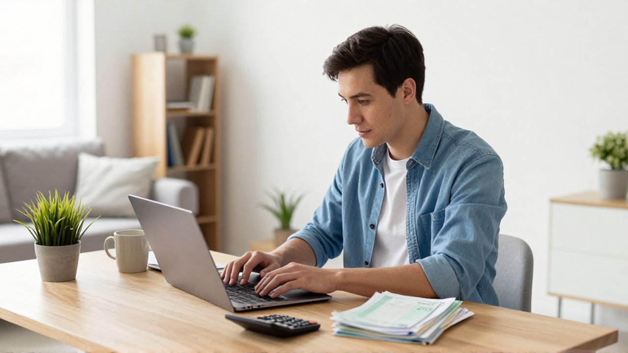 Hombre joven trabajando con su laptop y facturas en un escritorio dentro de un apartamento moderno.