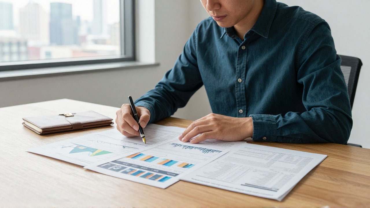 Analista financiero estudiando gráficos y reportes económicos sobre un escritorio en una oficina luminosa.