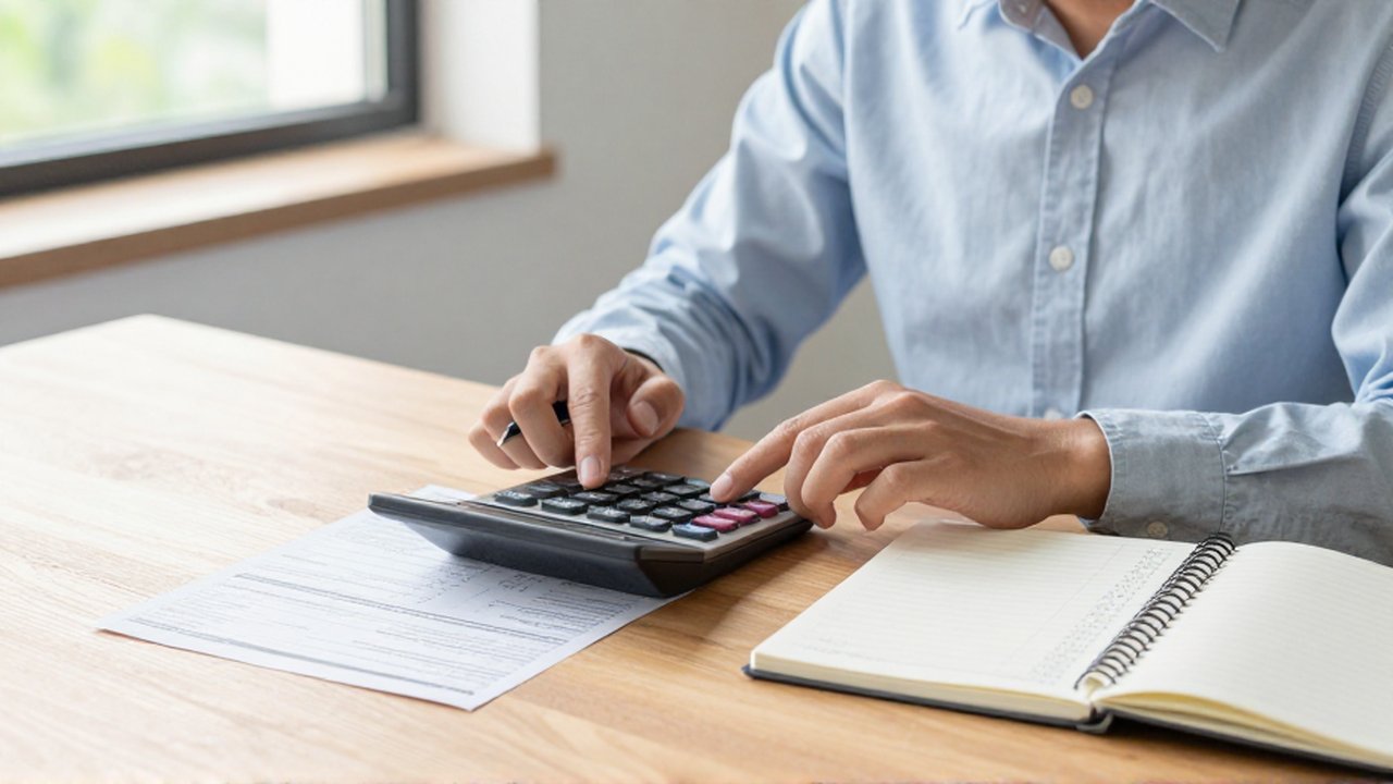 Un joven profesional realiza cálculos financieros con una calculadora y documentos sobre su escritorio.