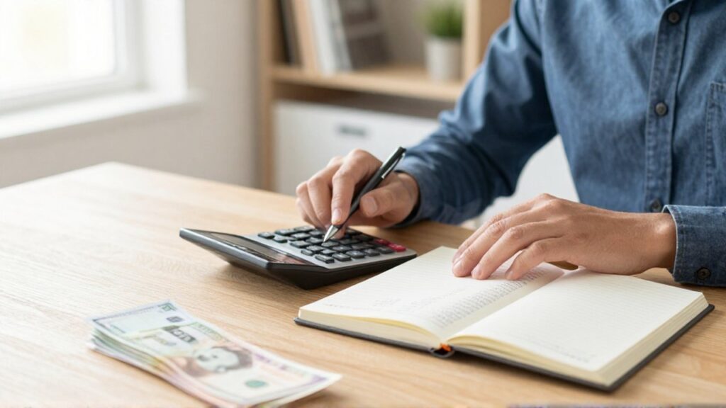 Persona realizando cálculos financieros con una calculadora y un cuaderno en un escritorio iluminado.