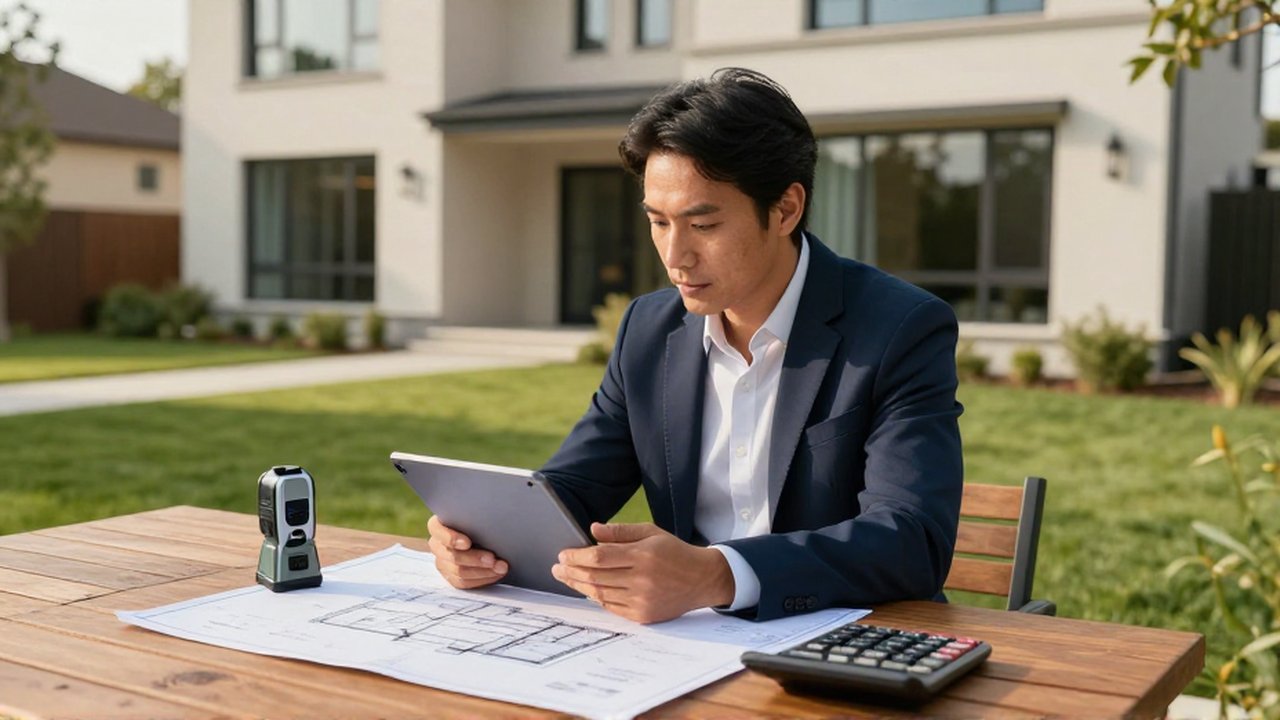 Un perito inmobiliario examina una casa moderna con una tableta y un medidor láser en un jardín soleado.