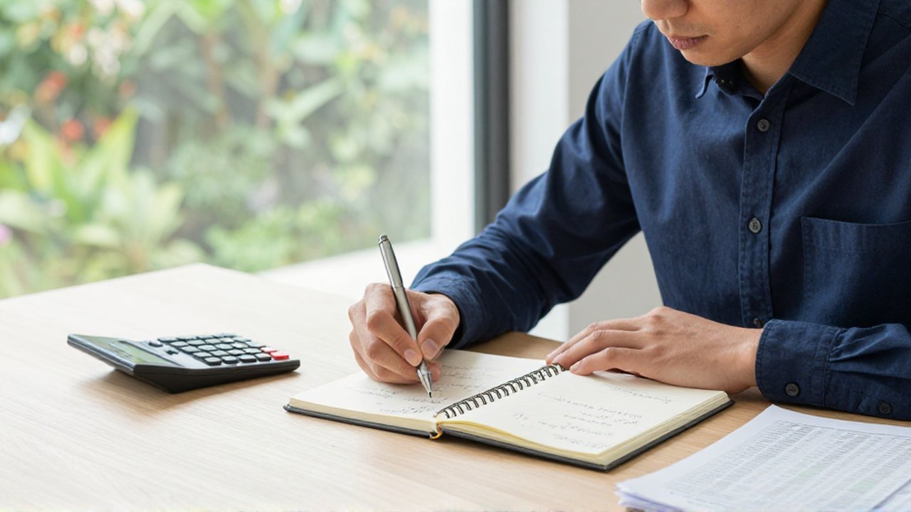 Analista financiero escribiendo fórmulas matemáticas y tablas de amortización en un cuaderno sobre su escritorio.