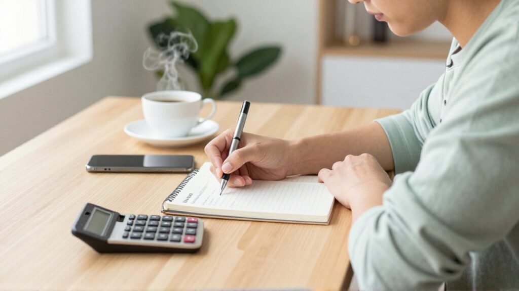 Persona concentrada escribiendo cálculos financieros en un cuaderno sobre un escritorio de madera iluminado por el sol.