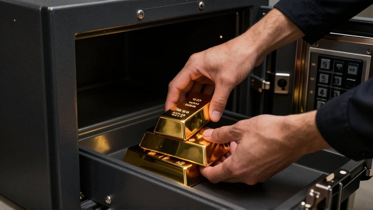 Manos profesionales guardan lingotes de oro brillante dentro de una caja fuerte de acero.