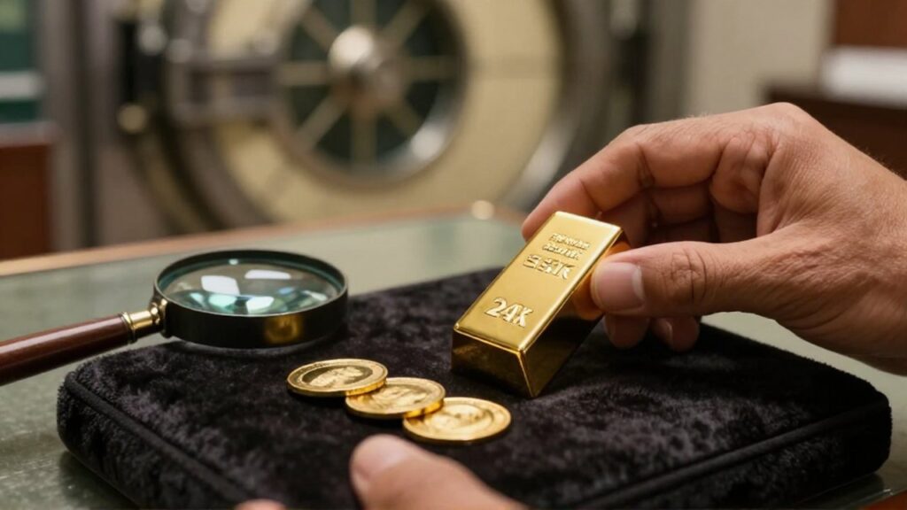 Unas manos inspeccionan con una lupa un lingote y monedas de oro sobre un cojín de terciopelo.