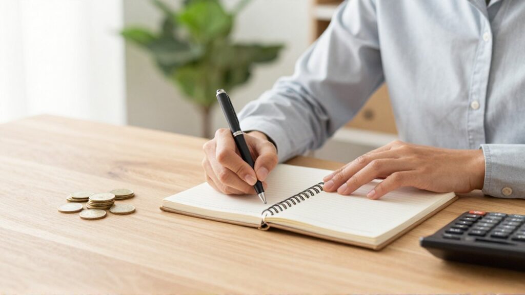 Persona escribiendo un plan de presupuesto en un cuaderno sobre un escritorio ordenado.
