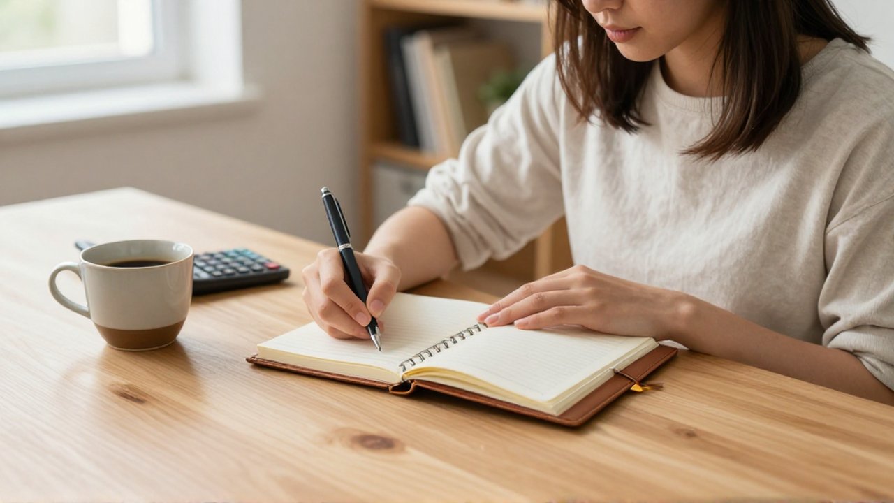 Una mujer joven anota sus gastos en un cuaderno sobre un escritorio de madera iluminado.