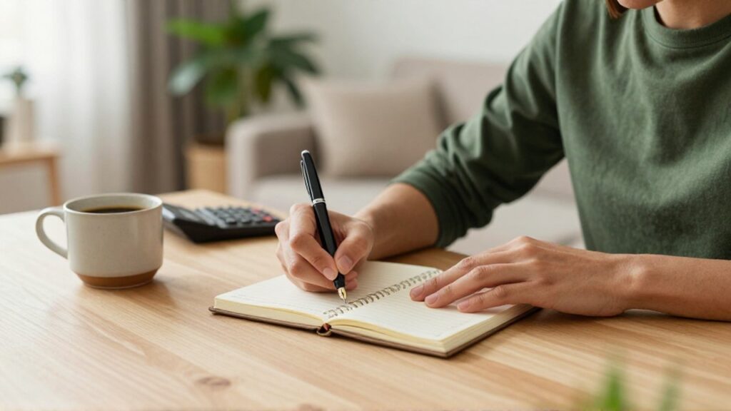 Una persona escribe con una pluma en un cuaderno sobre un escritorio ordenado.