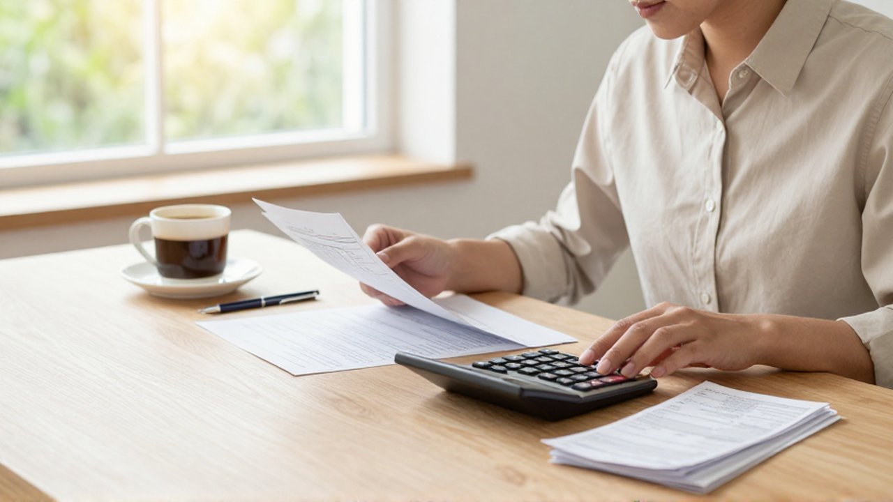 Freelance sentado en su oficina organizada revisando documentos fiscales y recibos con una calculadora.