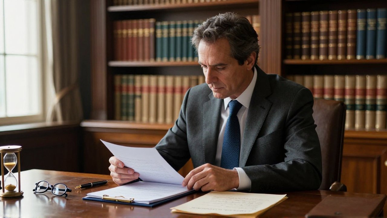 Un profesional de traje revisa documentos legales y un testamento sobre un escritorio de madera.