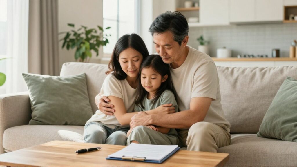 Un padre abraza a su esposa e hija en una sala iluminada con documentos financieros sobre la mesa.