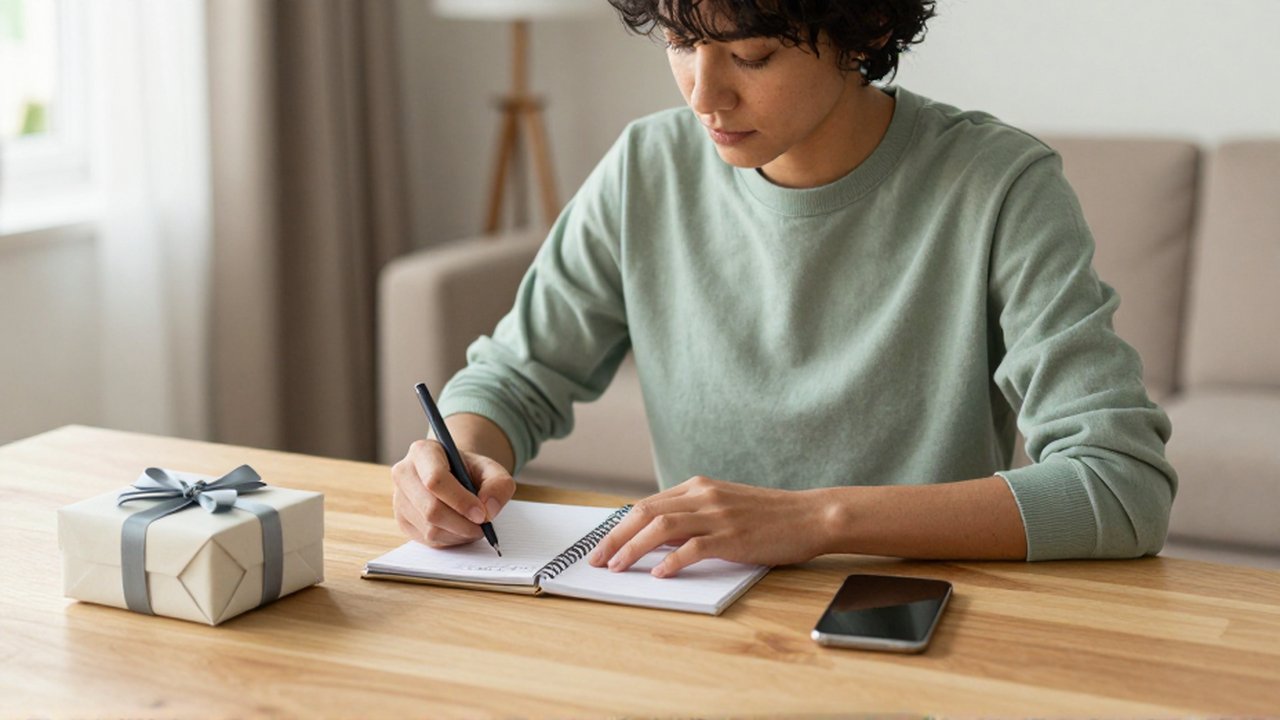 Persona concentrada organizando sus finanzas y escribiendo en un cuaderno junto a un regalo de boda.