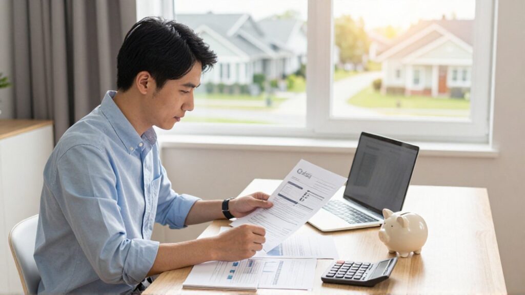 Un hombre joven revisa documentos financieros y un plan de ahorro en su oficina iluminada.