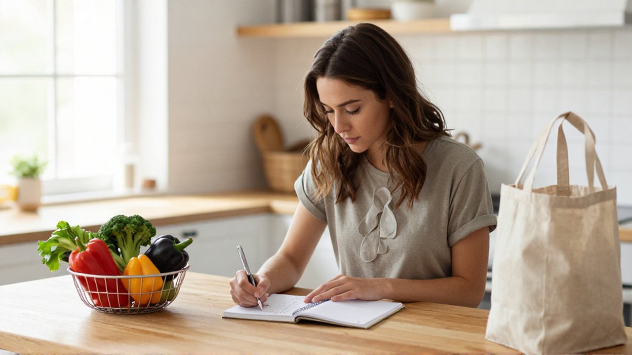 Una mujer joven escribe con atención una lista de compras en una cocina iluminada y moderna.