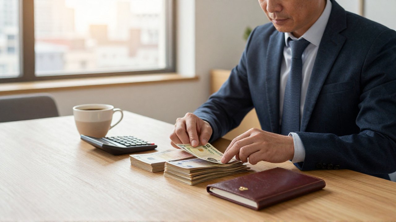 Un hombre organiza billetes y una libreta de ahorros en una mesa frente a un ventanal urbano.