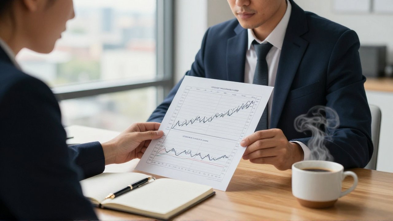Analista financiero estudia con atención un gráfico técnico en su luminoso y moderno despacho.