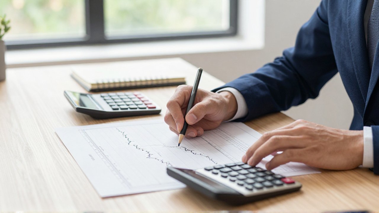 Un analista financiero marca un punto de entrada en un gráfico sobre un escritorio de madera.