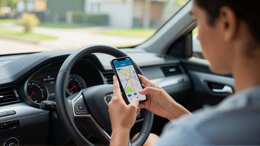 Persona concentrada revisando una aplicación de consumo de combustible en su smartphone dentro de un coche.
