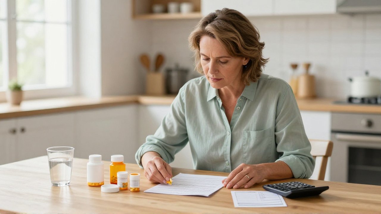 Mujer sentada en una cocina organizada gestionando sus medicamentos y gastos médicos con un presupuesto.
