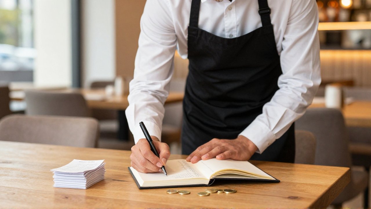 Un camarero registra con cuidado las ganancias en un libro contable sobre una mesa de madera.