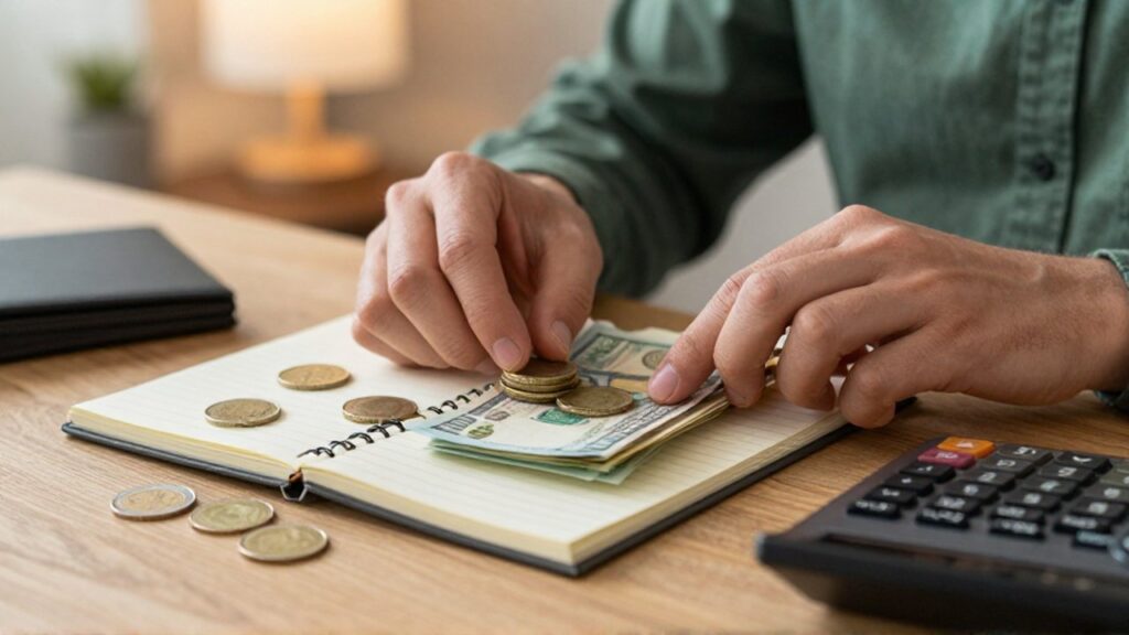 Manos organizando billetes y monedas sobre un escritorio junto a un cuaderno y una calculadora.