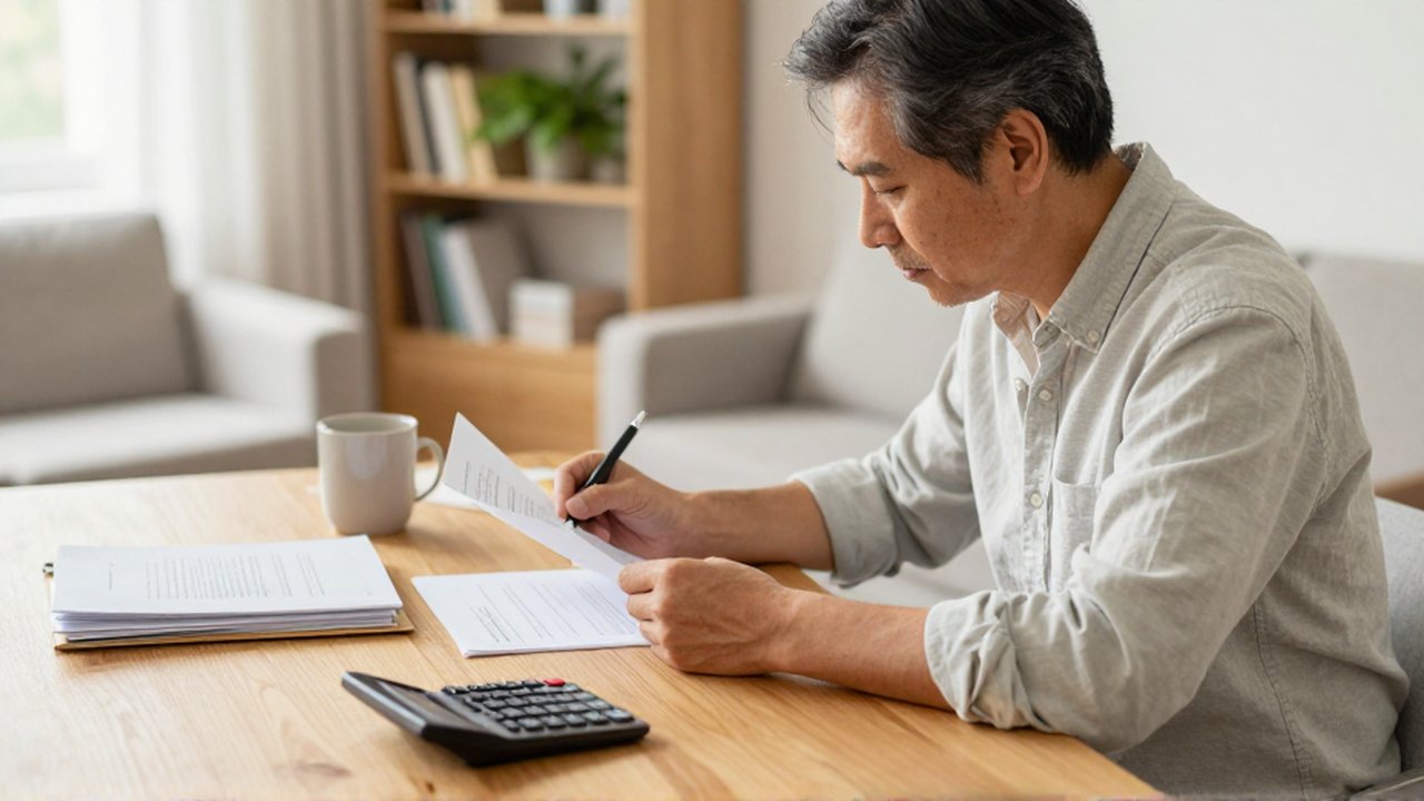 Persona de mediana edad revisando documentos con determinación en un escritorio de madera iluminado por el sol.