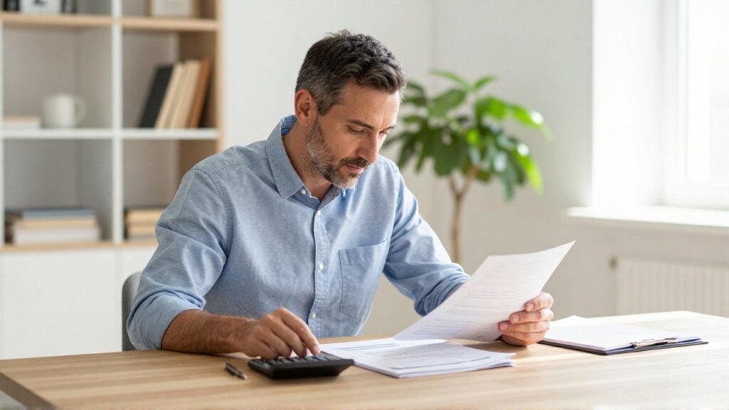 Un hombre de mediana edad revisa con determinación documentos financieros y una calculadora en una mesa de madera.