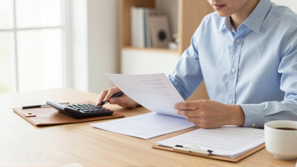 Persona concentrada revisando documentos financieros y usando una calculadora en un escritorio de madera iluminado.