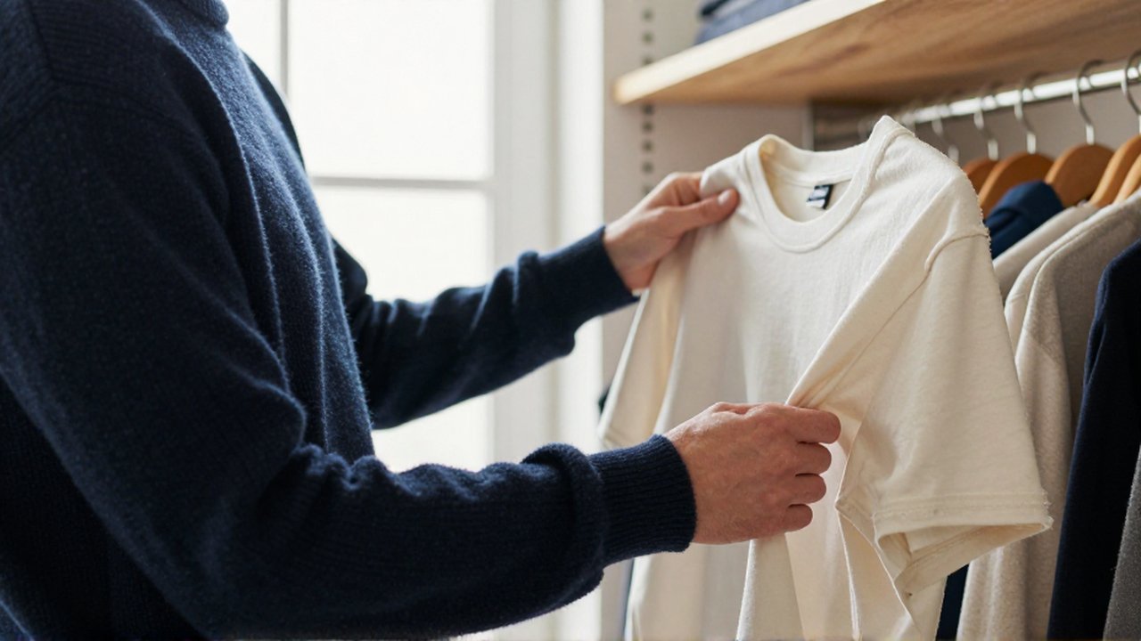 Una persona compara la calidad de un jersey de lana y una camiseta desgastada en un armario minimalista.