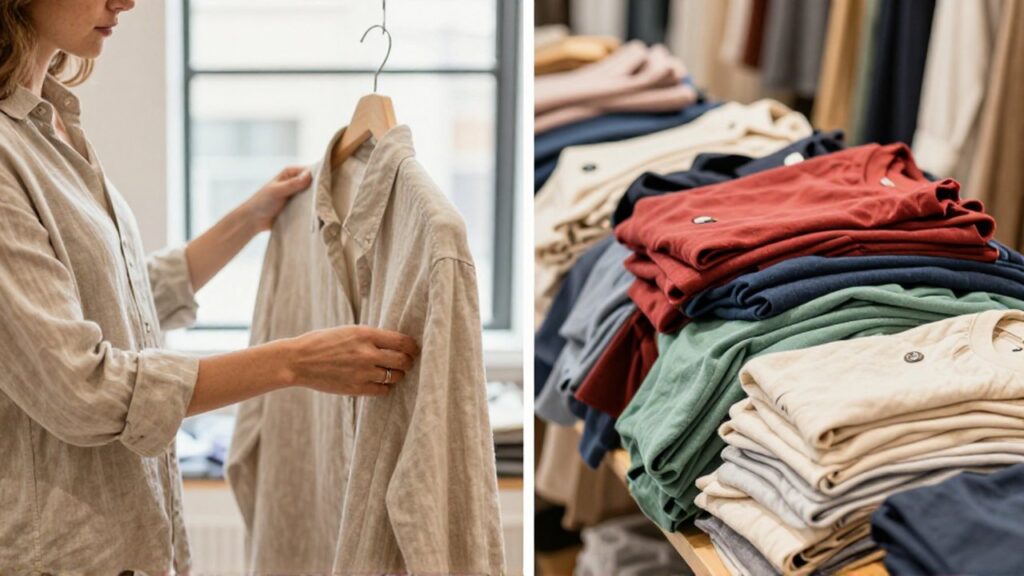 Comparación entre una mujer inspeccionando una prenda de lino de alta calidad y una pila de ropa de moda rápida.