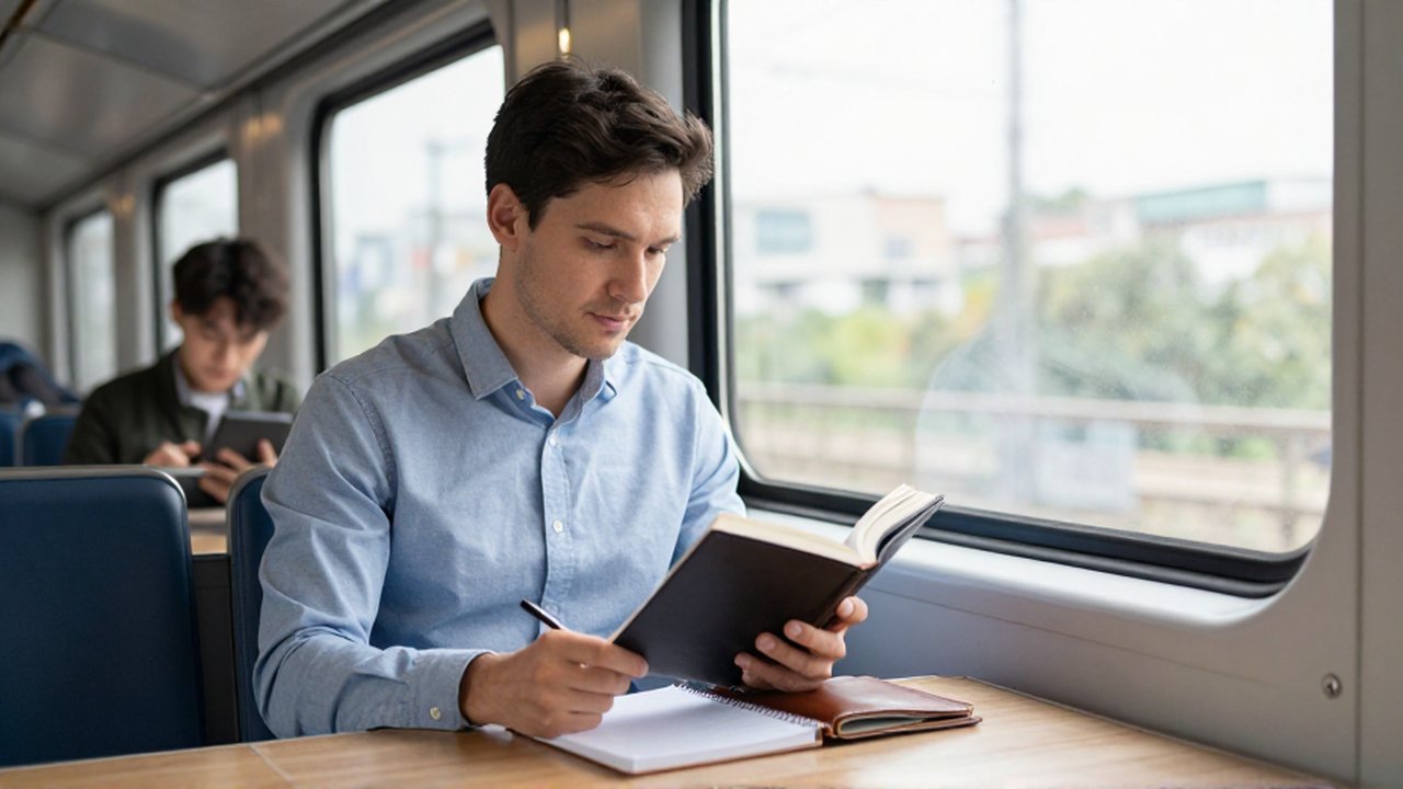 Un hombre lee un libro financiero y toma notas en un tren moderno iluminado por el sol.