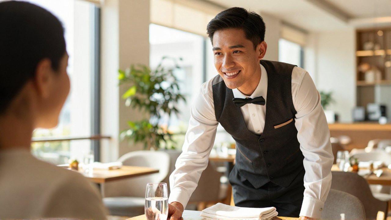 Un camarero sonriente atiende con atención a un cliente en un restaurante luminoso y elegante.