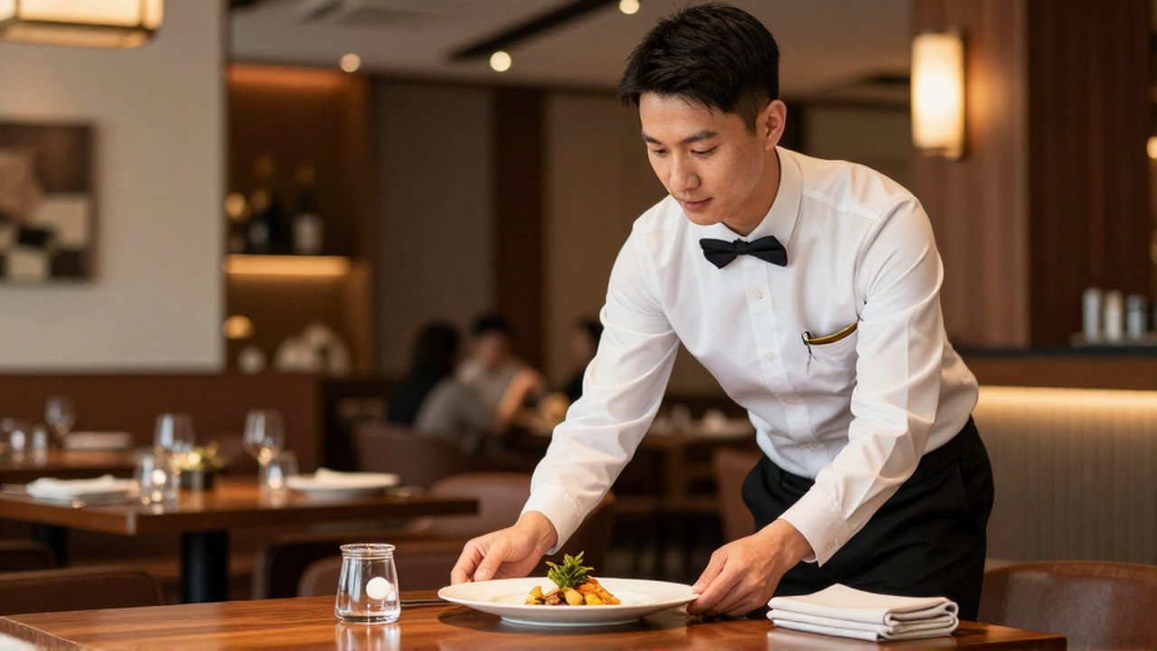 Un camarero profesional sirve un plato de comida sobre una mesa de madera en un restaurante elegante.