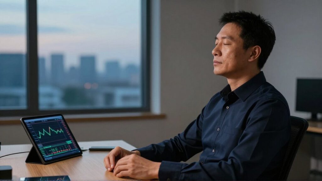 Un trader respira profundamente con los ojos cerrados frente a una mesa con gráficos financieros.