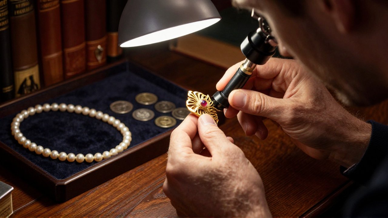 Un profesional examina con una lupa un broche de oro sobre un escritorio de madera.
