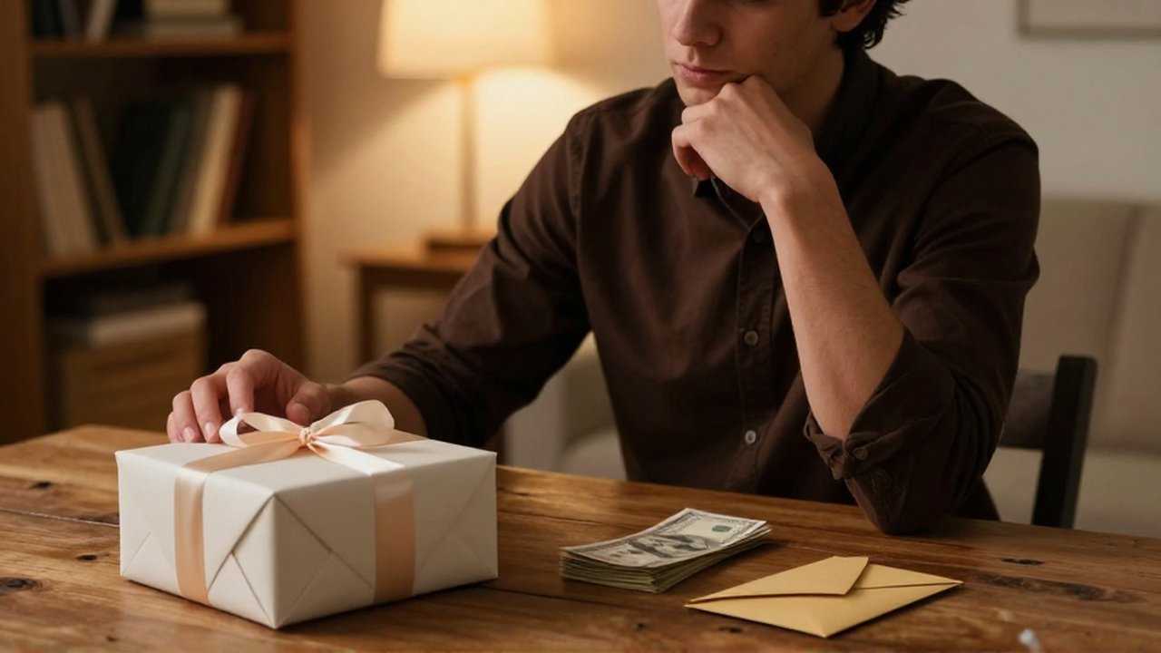 Persona sentada a una mesa de madera dudando entre un regalo envuelto y un fajo de billetes.