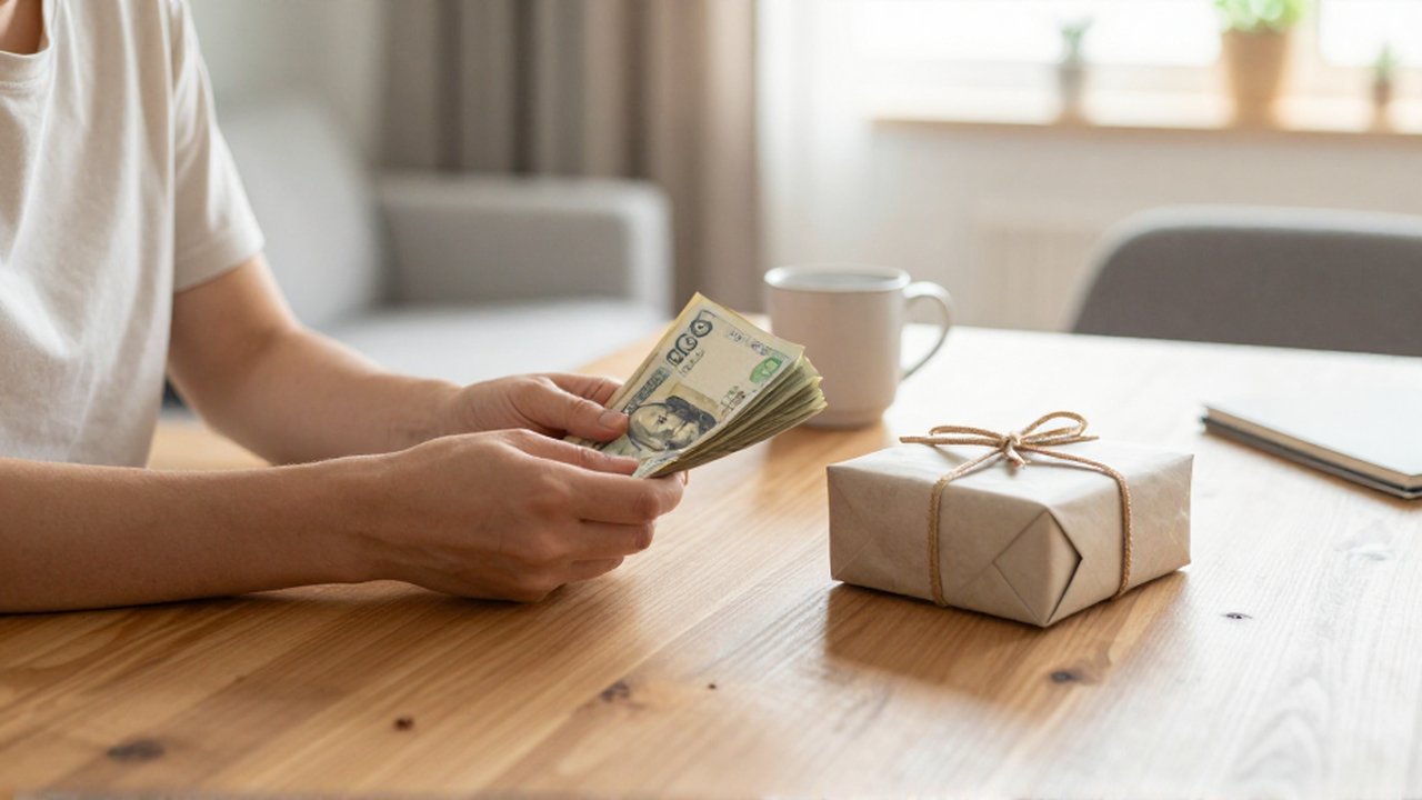 Una persona contempla con duda un fajo de billetes y un regalo envuelto sobre una mesa.