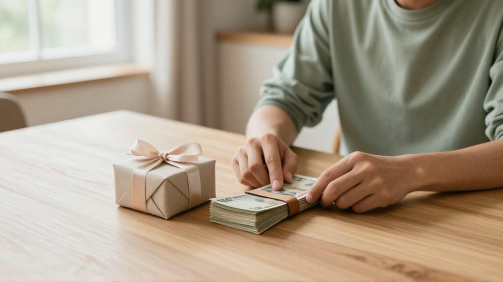 Una persona contempla sobre una mesa de madera un pequeño regalo envuelto y un fajo de billetes.
