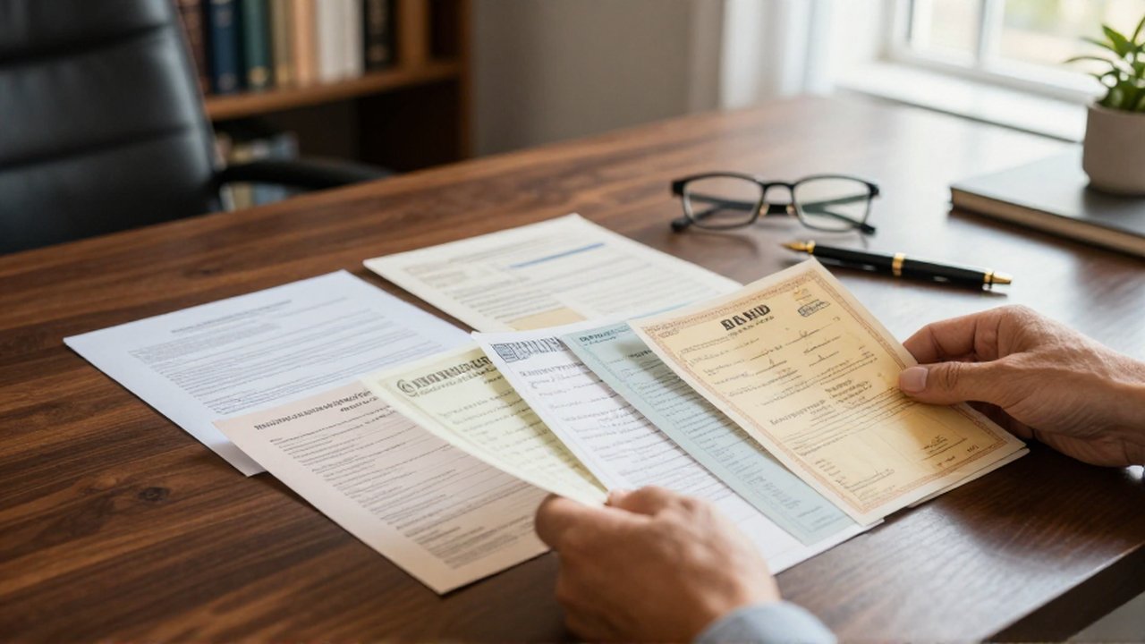 Manos organizando certificados de bonos y documentos financieros sobre un escritorio de madera.