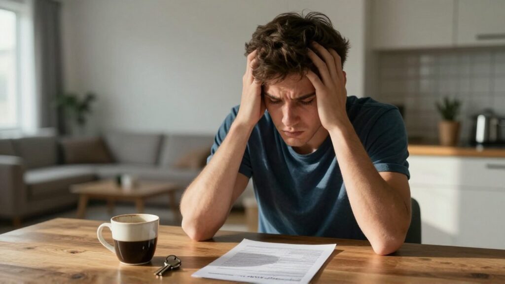 Hombre joven con gesto de preocupación examina un extracto bancario en una mesa de cocina.