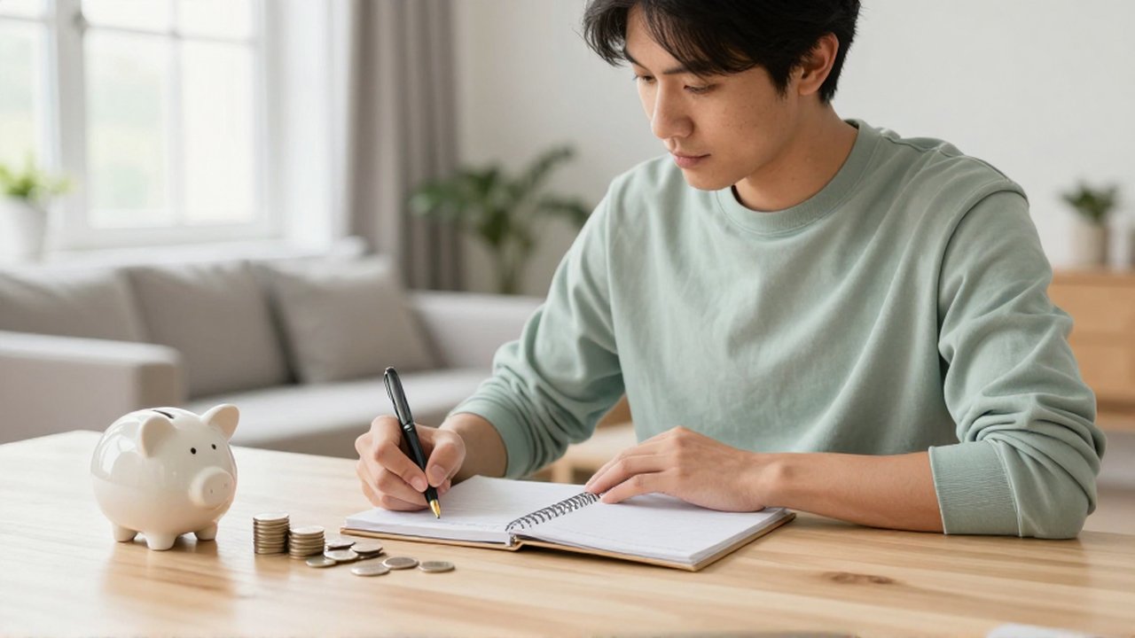 Un joven profesional escribe en un planificador financiero sobre un escritorio de madera con ahorros.