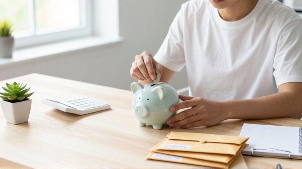 Joven organizando ahorros en un escritorio con una alcancía de cerámica y sobres etiquetados.