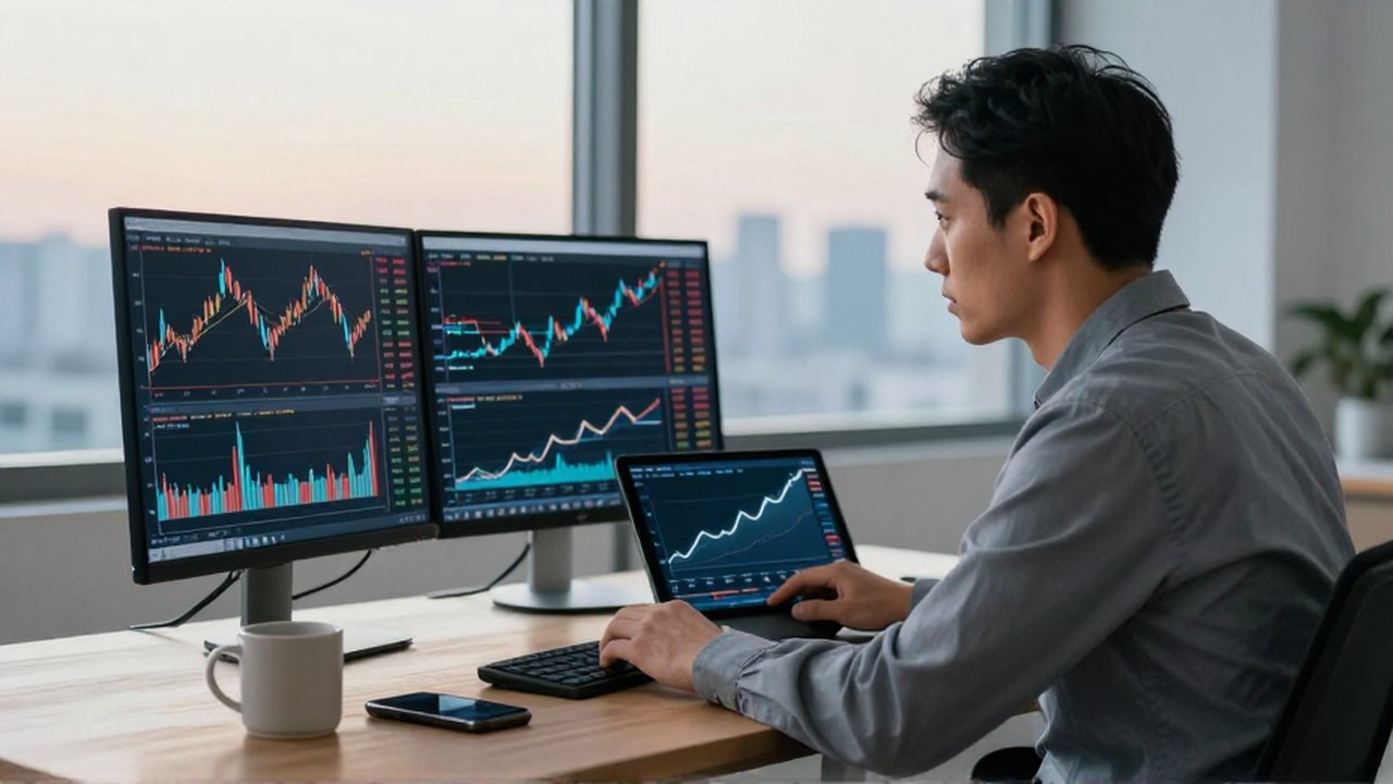 Un trader analiza gráficos de velas en un monitor y tendencias en una tablet en su oficina.