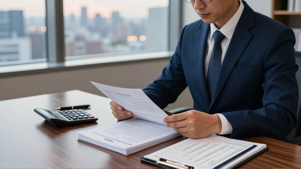 Analista financiero revisando documentos de aduana y una tableta en una oficina moderna al atardecer.