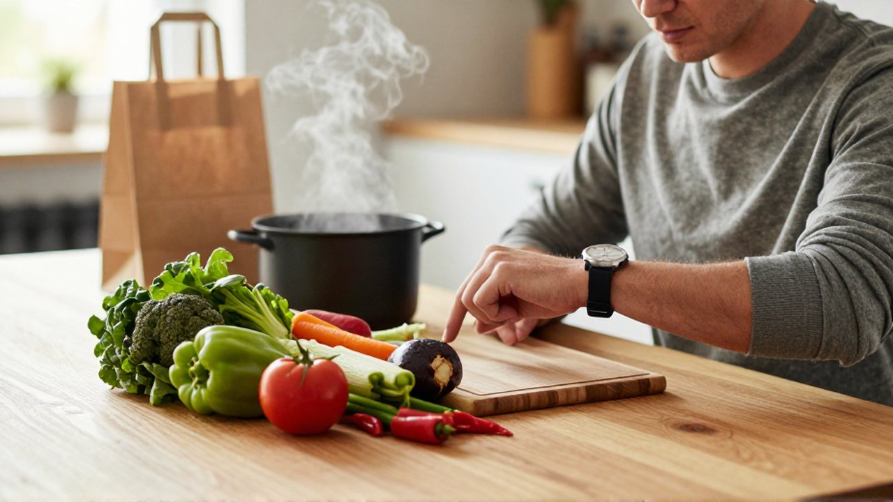 Persona organizando vegetales frescos mientras consulta su reloj en una cocina luminosa.