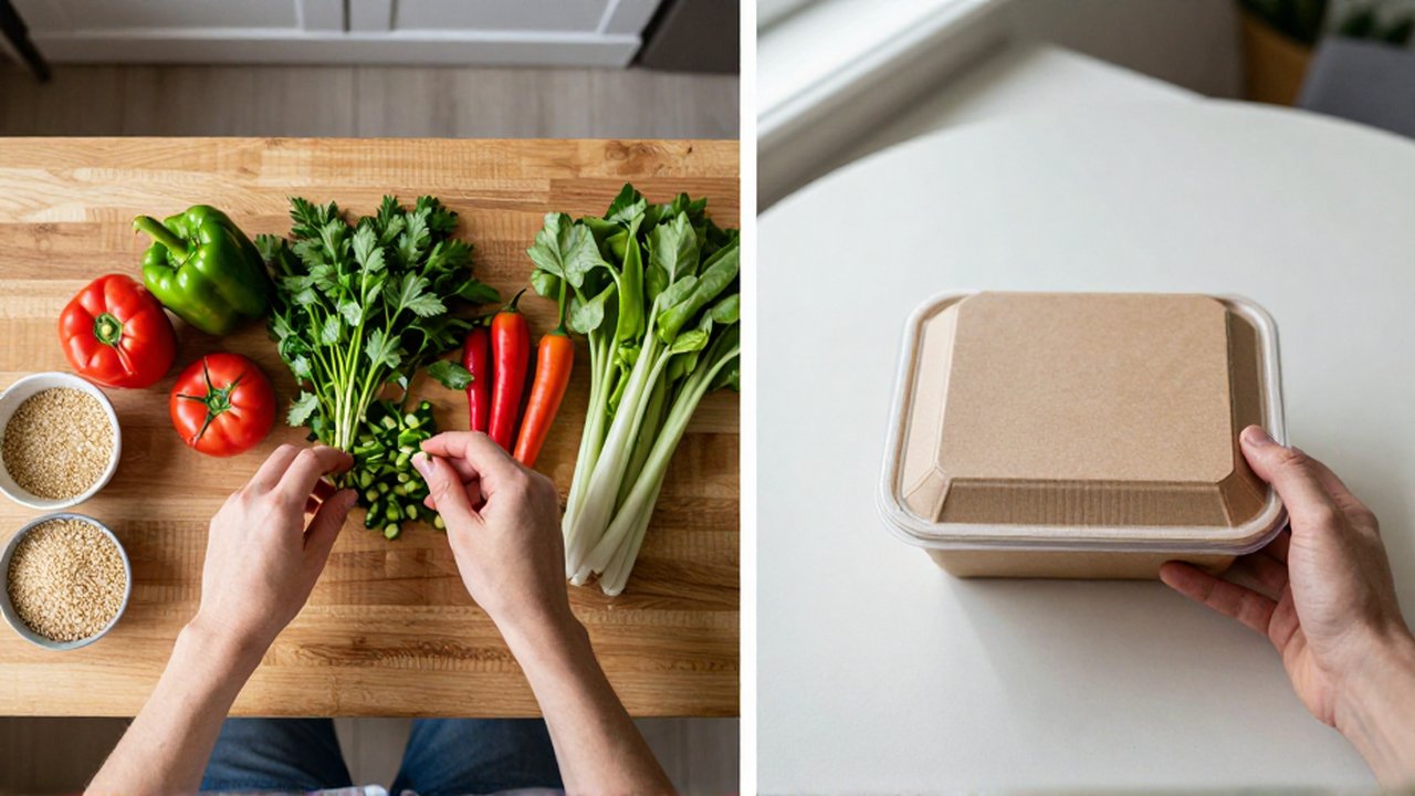 Comparación dividida de manos preparando vegetales frescos frente a una mano sosteniendo un recipiente de comida para llevar.