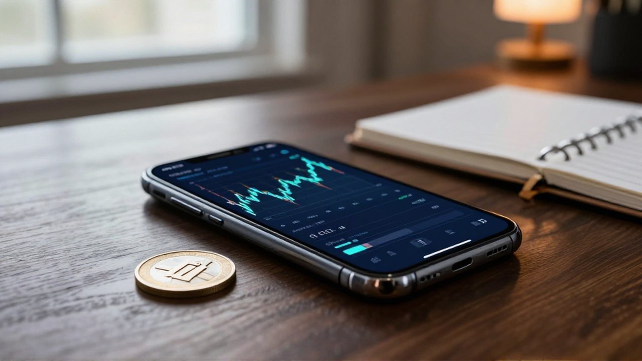 Smartphone con gráficos financieros junto a una moneda metálica y un libro de contabilidad sobre un escritorio.