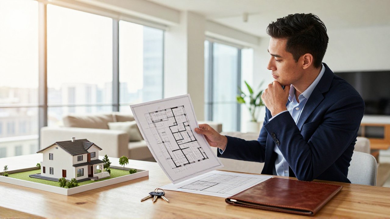 Inversionista analiza un plano arquitectónico y una maqueta de una casa en un apartamento moderno.