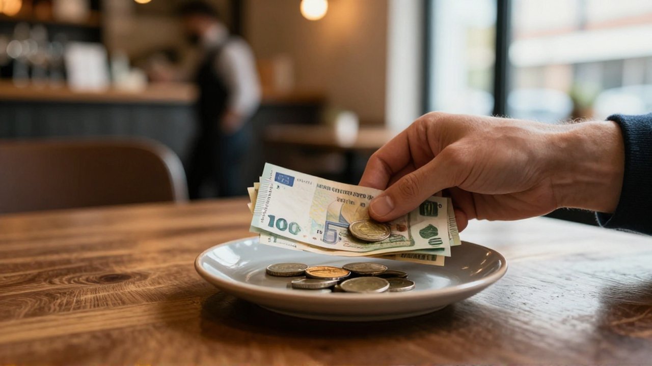 Una mano deja billetes y monedas sobre una mesa de madera en un restaurante.